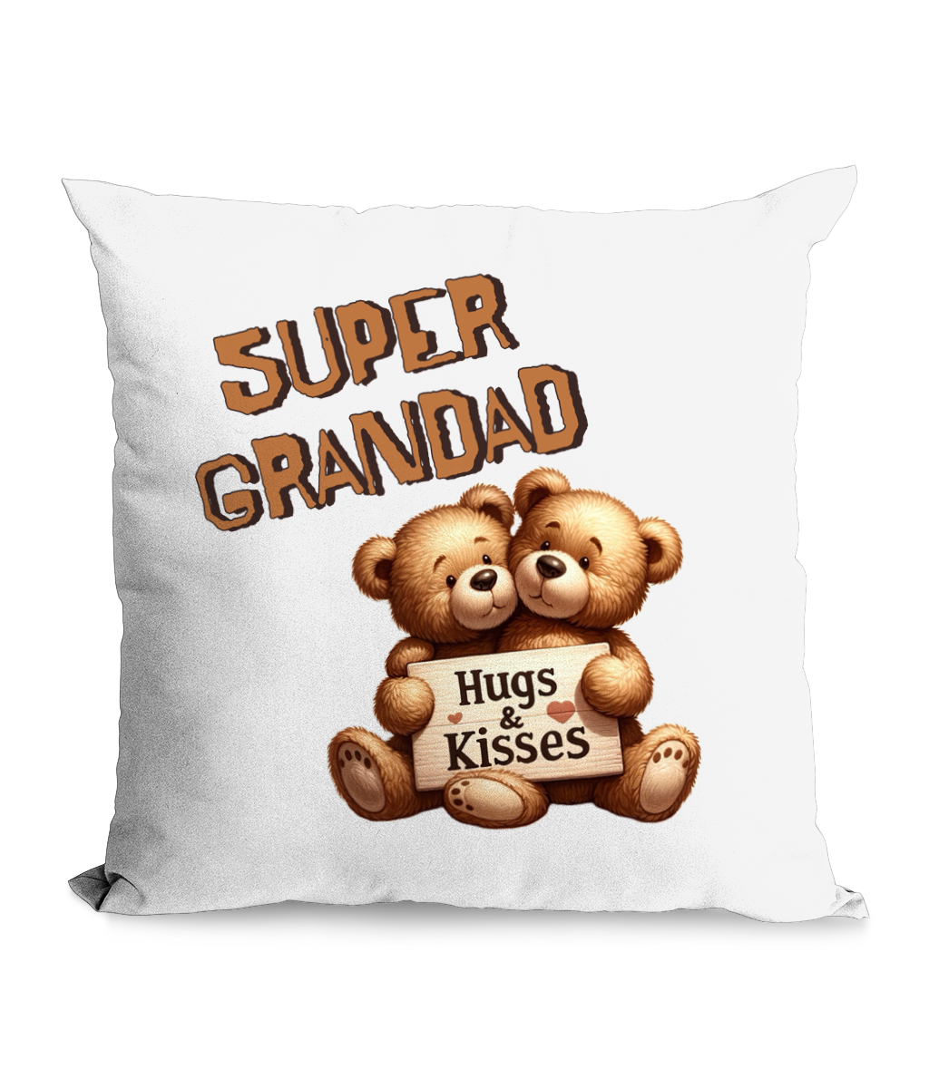 Black cushion featuring two cute teddy bears holding a sign with ‘Hugs & Kisses’ text, and the words ‘Super Grandad’ above them in warm orange font.”