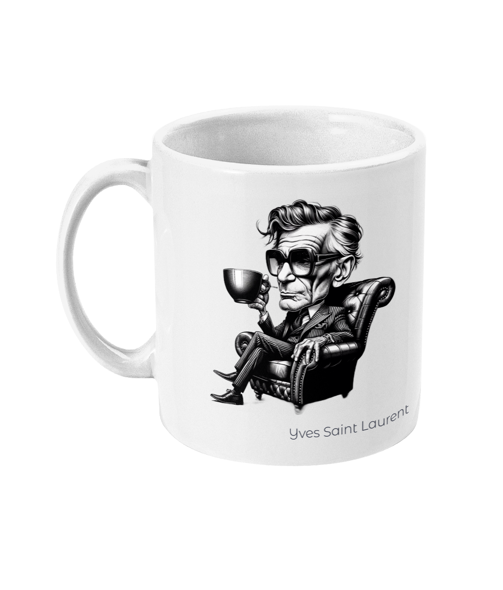 Elegant white mug featuring Yves Saint Laurent's timeless style quote