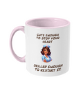 A white ceramic coffee mug with a pink  interior and handle, featuring the text “Cute enough to stop your heart, skilled enough to restart it.” The design includes a colorful cartoon illustration of a confident nurse in a blue uniform, adding a playful and empowering tone to the mug. The text is styled in bold, casual fonts.