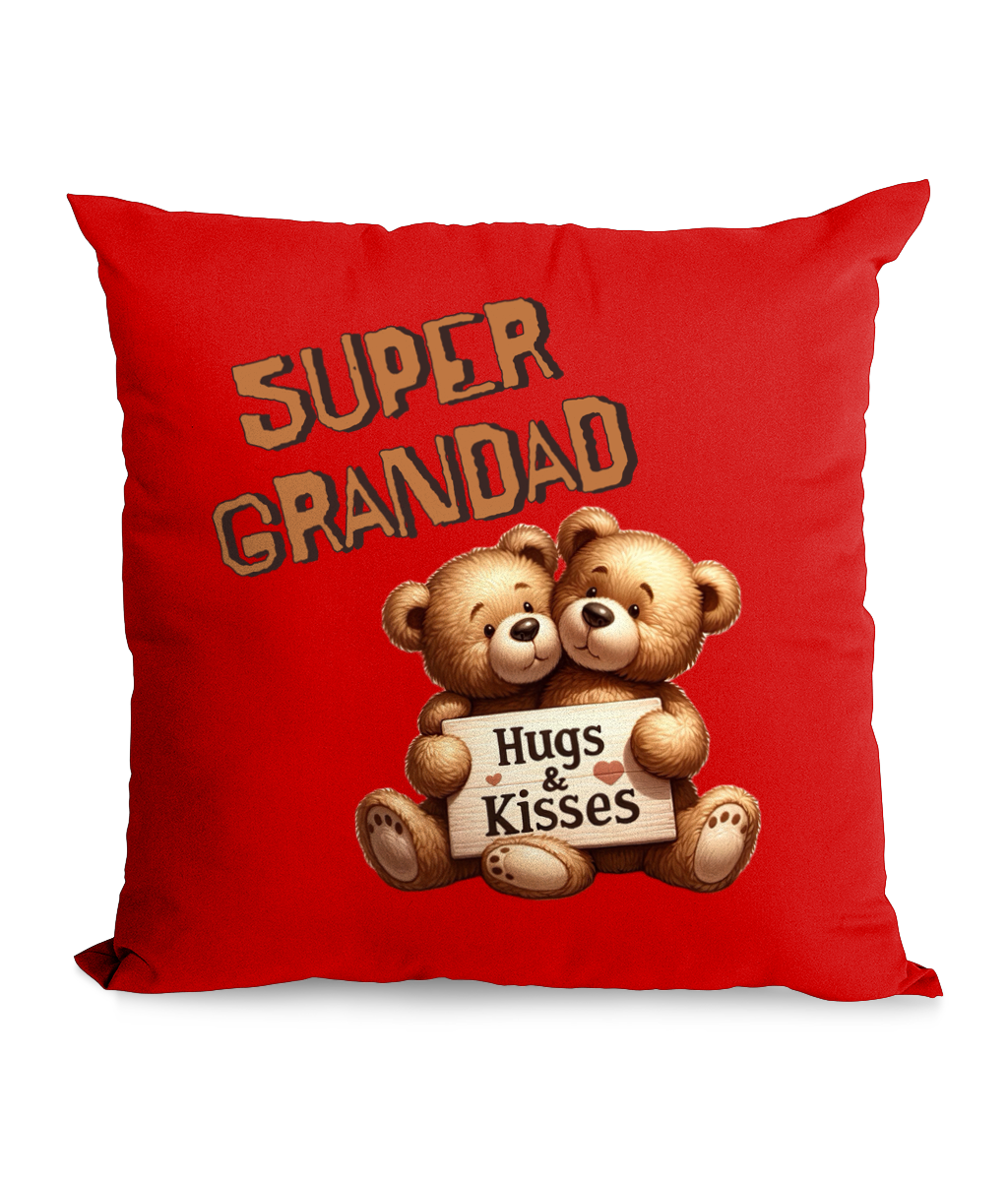 Black cushion featuring two cute teddy bears holding a sign with ‘Hugs & Kisses’ text, and the words ‘Super Grandad’ above them in warm orange font.”