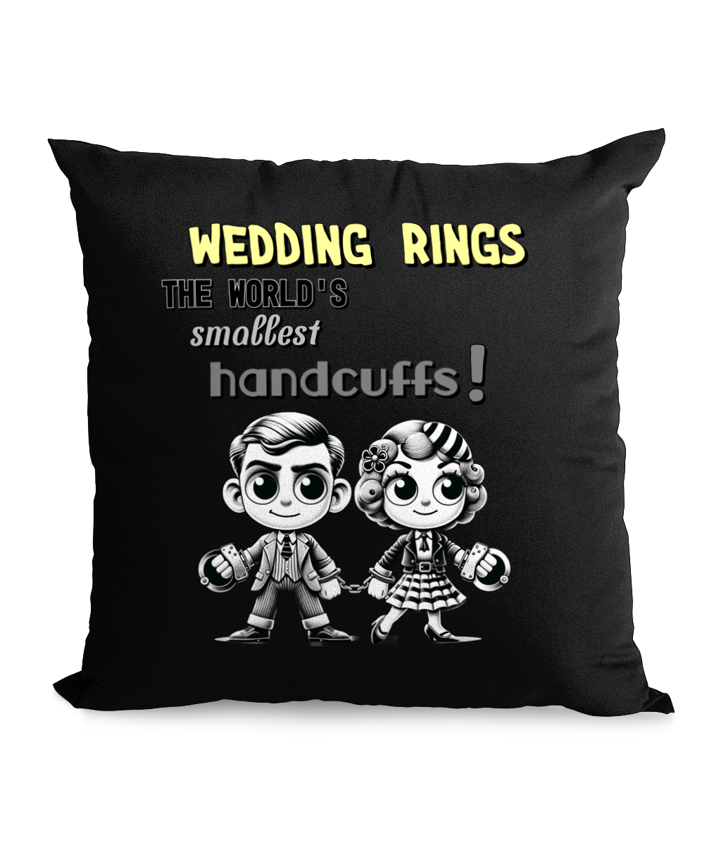  

“Funny ‘Wedding Rings – World’s Smallest Handcuffs’ canvas cushion featuring cartoon couple design, 45x45 cm, perfect humorous wedding gift UK.”