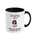 A white ceramic coffee mug with a black interior and handle, featuring the text “Cute enough to stop your heart, skilled enough to restart it.” The design includes a colorful cartoon illustration of a confident nurse in a blue uniform, adding a playful and empowering tone to the mug. The text is styled in bold, casual fonts.