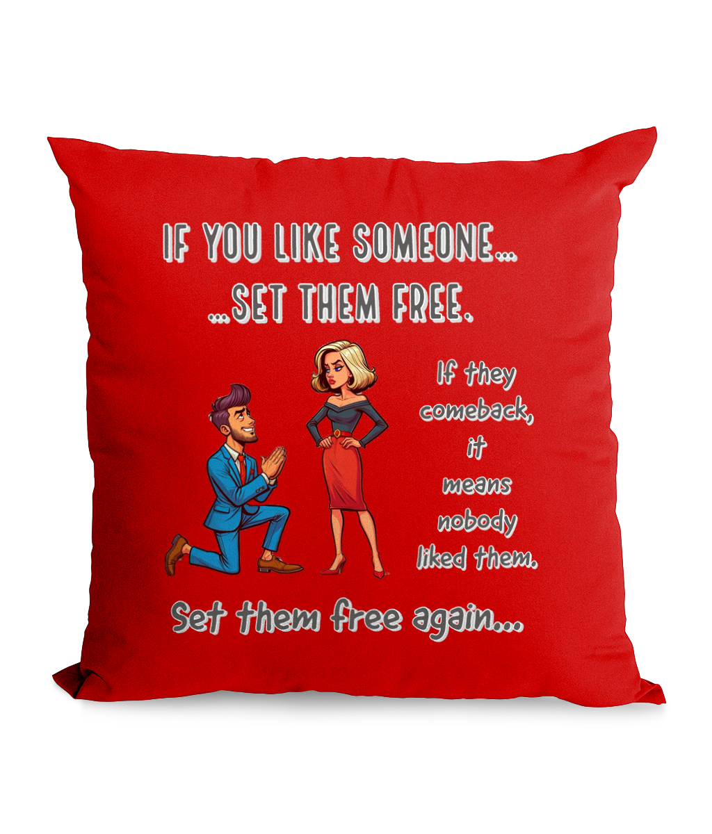 ”‘If You Like Someone… Set Them Free’ 45x45cm funny canvas cushion with witty text and playful characters.”