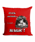 “Whimsical ‘F* Normal, I Want Magic’ canvas cushion featuring a girl with a cat and floral design, 45x45 cm, magical home decor gift UK.”**