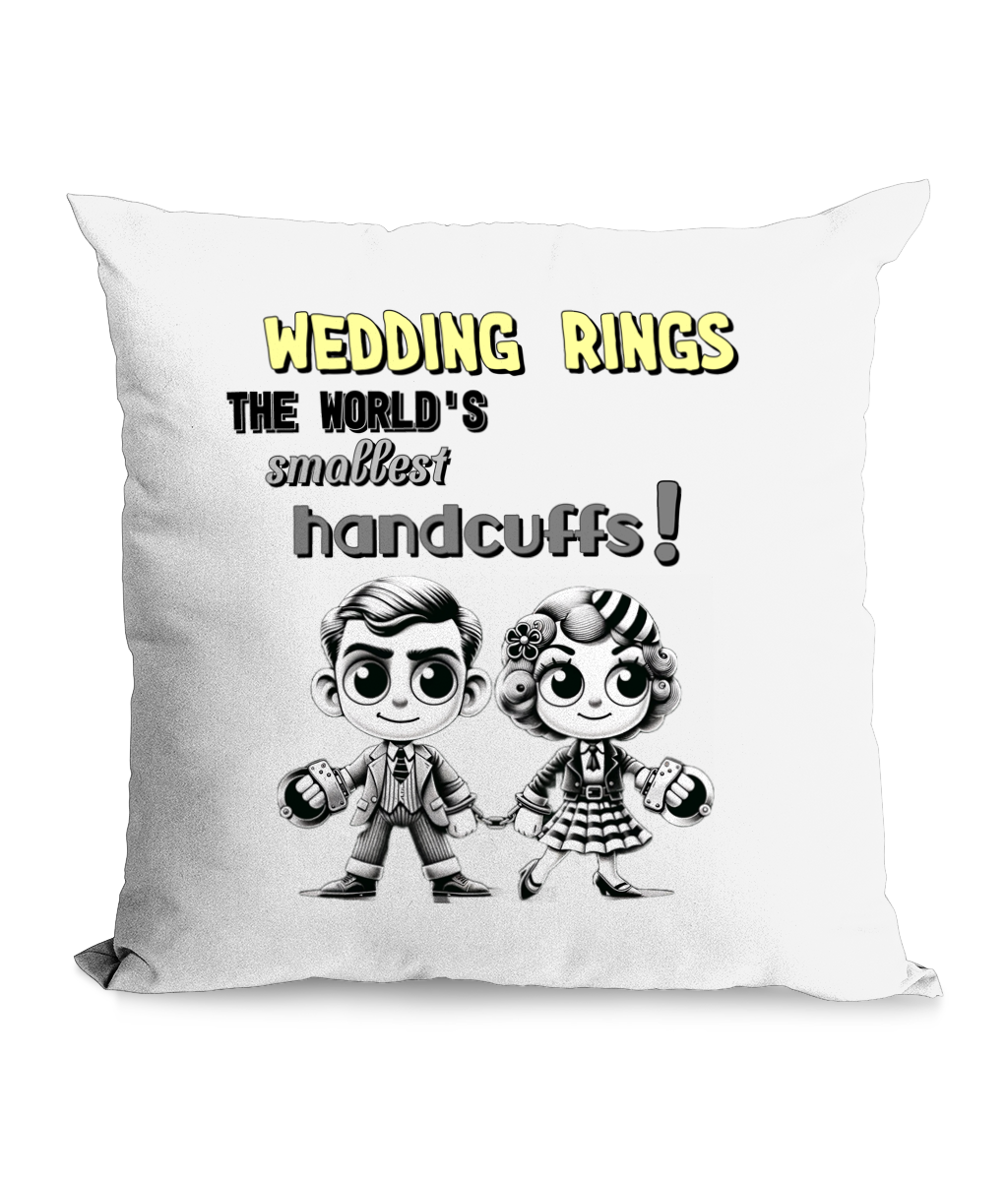  

“Funny ‘Wedding Rings – World’s Smallest Handcuffs’ canvas cushion featuring cartoon couple design, 45x45 cm, perfect humorous wedding gift UK.”