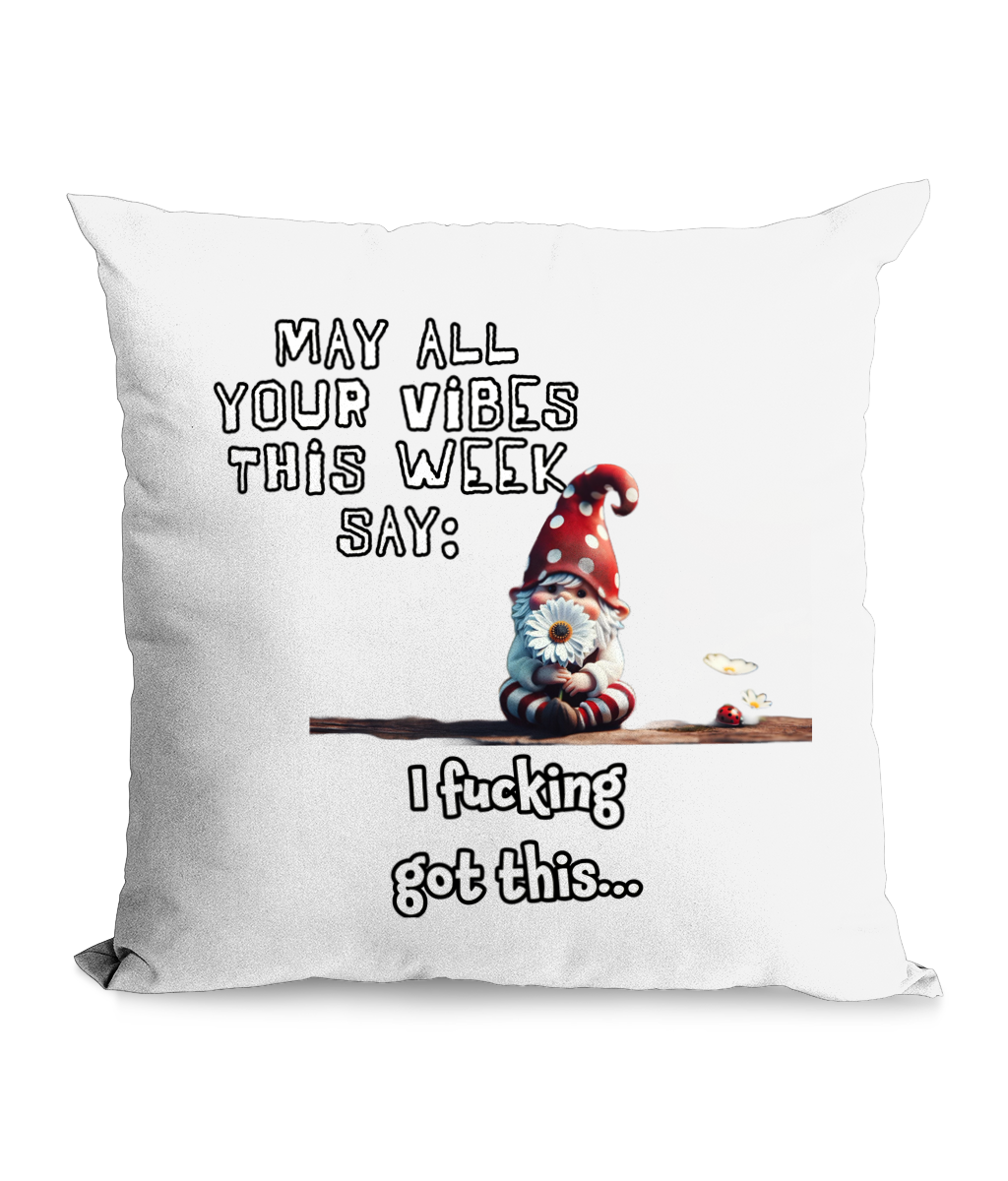 
“Funny ‘May Your Vibes Say I Fing Got This’ canvas cushion featuring a cute gnome holding a daisy, 45x45 cm, quirky motivational home decor gift UK.”*