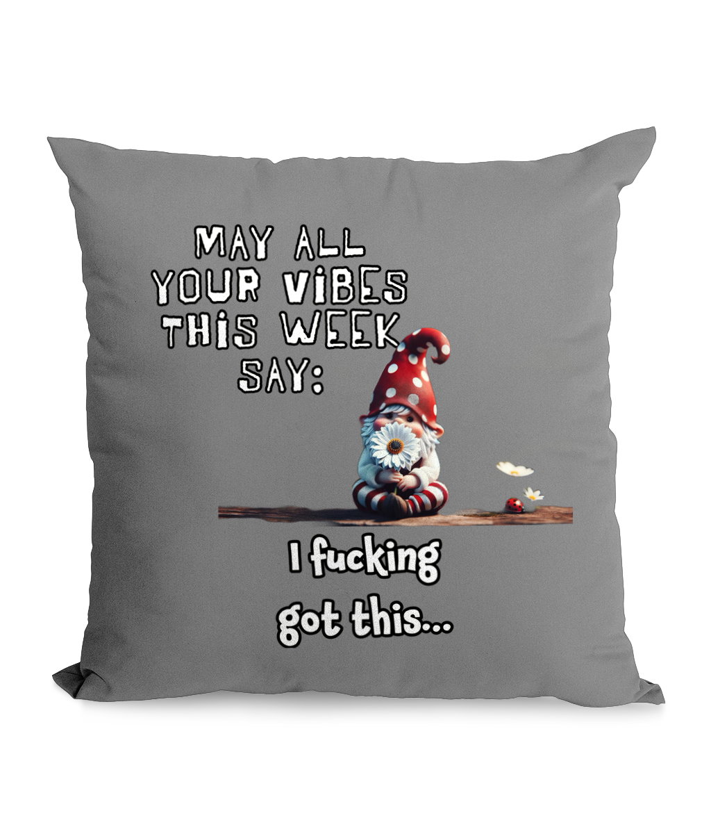 
“Funny ‘May Your Vibes Say I Fing Got This’ canvas cushion featuring a cute gnome holding a daisy, 45x45 cm, quirky motivational home decor gift UK.”*