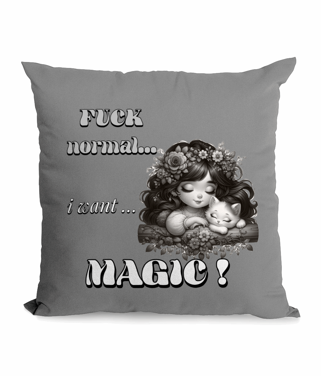 “Whimsical ‘F* Normal, I Want Magic’ canvas cushion featuring a girl with a cat and floral design, 45x45 cm, magical home decor gift UK.”**