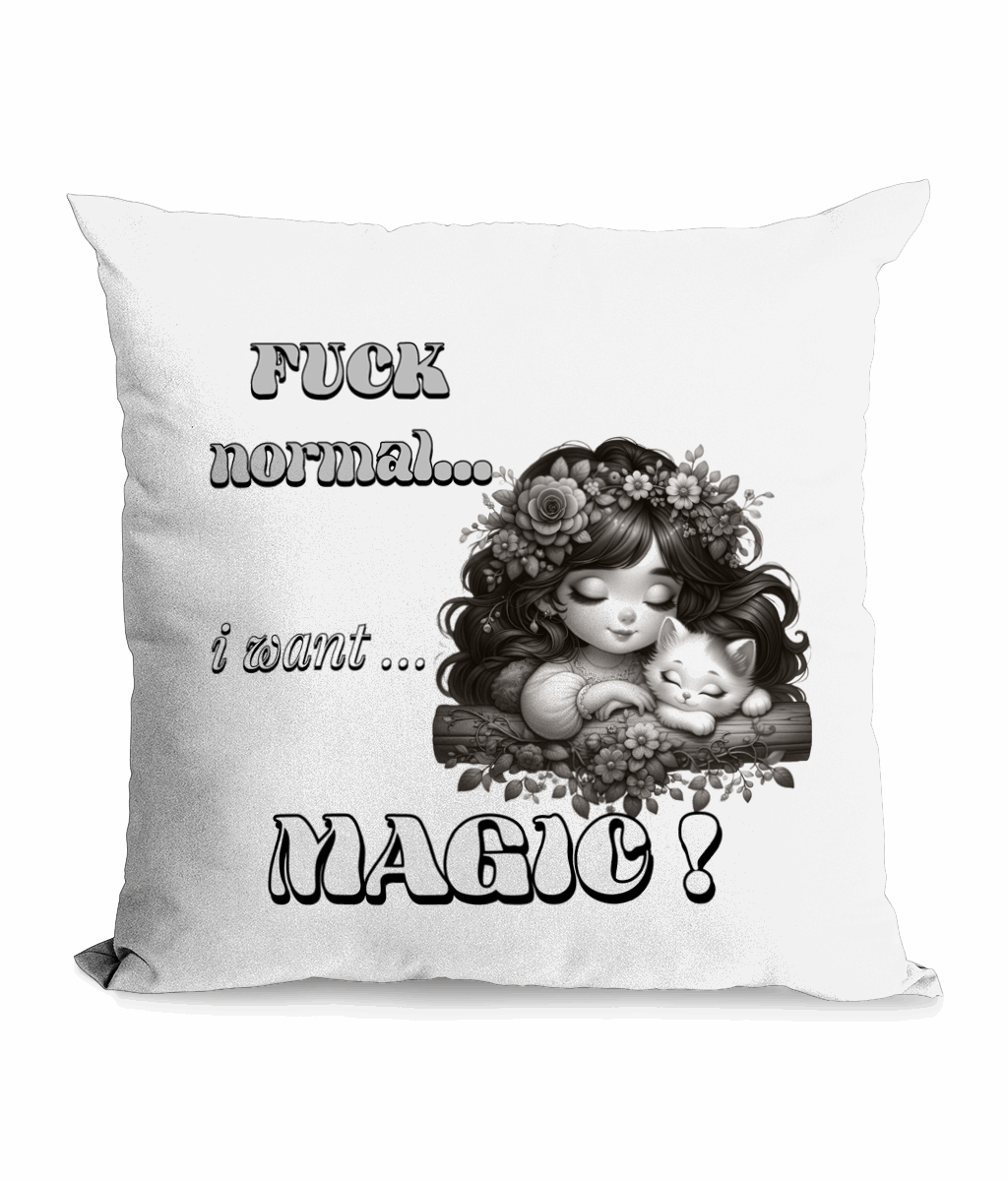 “Whimsical ‘F* Normal, I Want Magic’ canvas cushion featuring a girl with a cat and floral design, 45x45 cm, magical home decor gift UK.”**