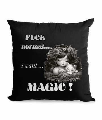 “Whimsical ‘F* Normal, I Want Magic’ canvas cushion featuring a girl with a cat and floral design, 45x45 cm, magical home decor gift UK.”**